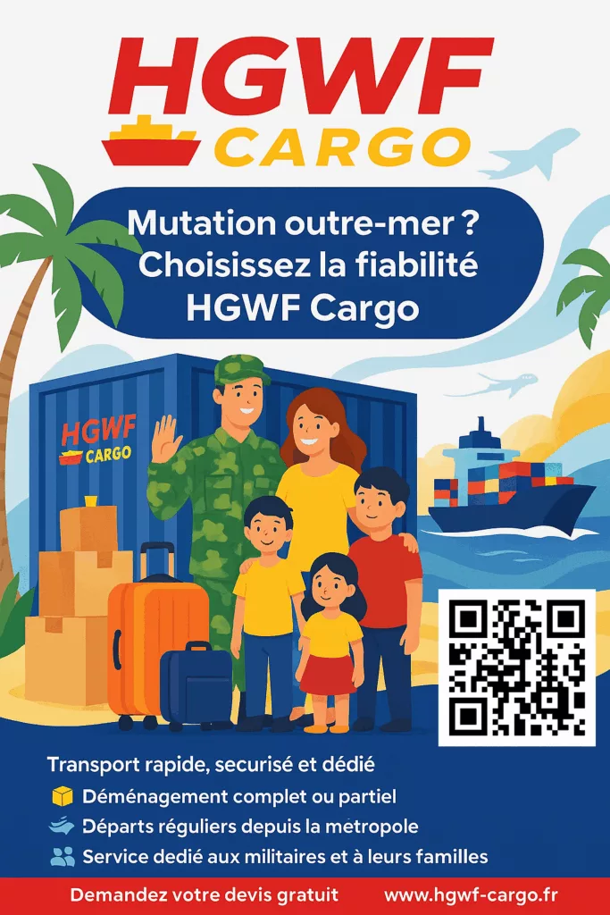 Mutation en outre mer ? Choisissez la fiabilité HGWF Cargo.
Service dédié aux militaires et à leurs familles.